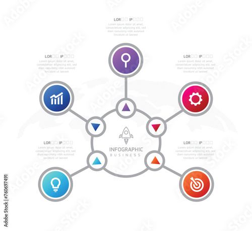 Vector infographic business presentation template with circular interconnection with 5 options.