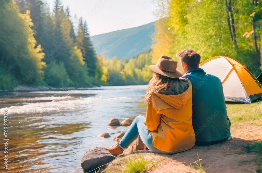 a man and a woman are sitting on the riverbank near a tent