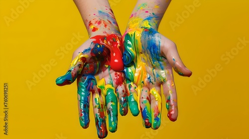 Colorful painted hands extended forward on a yellow background. creative expression, art concept. vibrant colors and artistic theme. AI