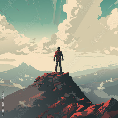 Man standing on top of mountain landscape. Goals and achievements concept. Cartoon ai