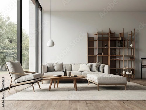 living room interior mockup, modern furniture and decorative arch with trendy dried flowers with white sofa and armchair on the White Background