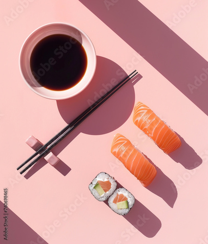 Sushi and rolls with soy sauce on pink background