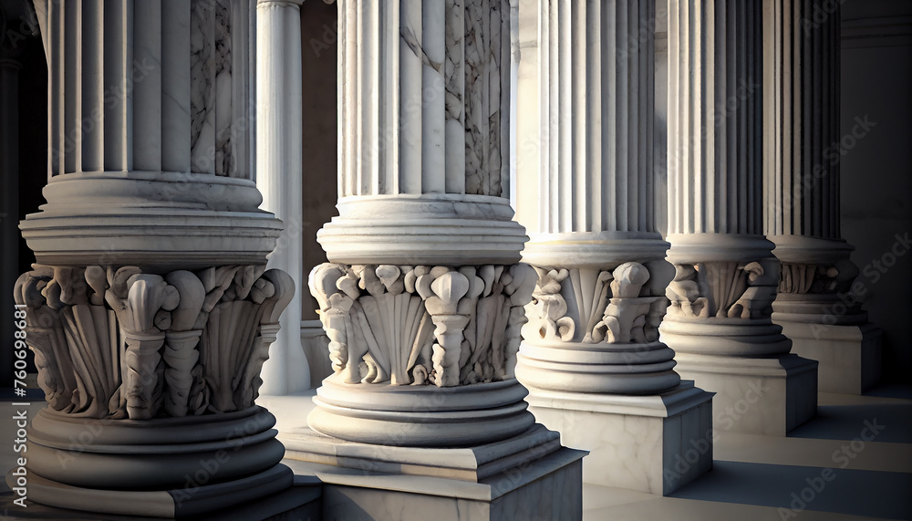 Stone pillars colonnade and marble stairs detail. Classical columns row ...