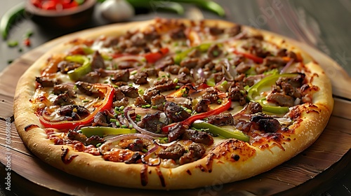 Philly cheesesteak pizza with peppers and onions in a dynamic urban style