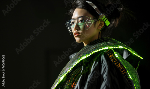 Close-up of a model in a sleek, sustainable outfit embedded with smart textiles and flexible batteries, heralding the future of wearable technology