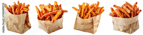 Collection of sweet potato fries in paper bag, isolated transparent background photo