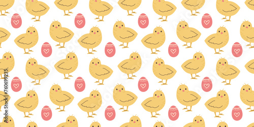 Seamless pattern with Chicken and Eggs. Easter design for wrapping paper and backgrounds. Hand drawn illustration of Chick bird in kawaii style