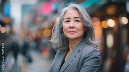 A poised  middle-aged Asian businesswoman exudes elegance in a gray suit