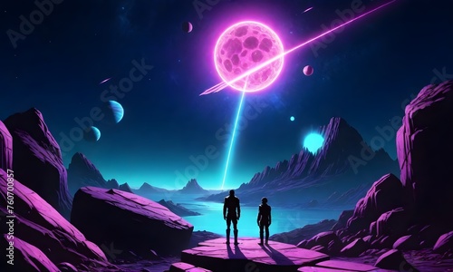 two persons standing on rocky terrain with a large pink and purple moon in the sky