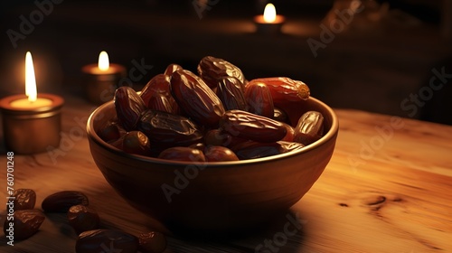 Dates in a Bowl on a Wooden Table Ramadan Kareem