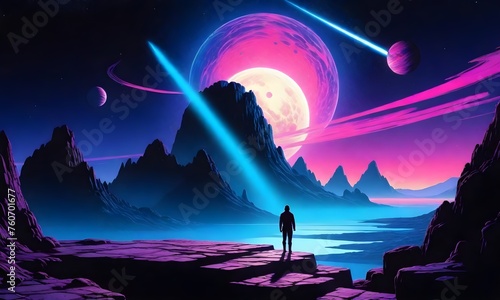 a person standing on rocky terrain with a large pink and purple moon in the sky