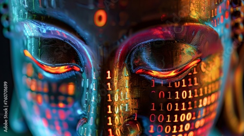 Close up of a Buddha in cyberpunk neon digital matrix codes reflected in serene eyes merging ancient peace with future tech photo