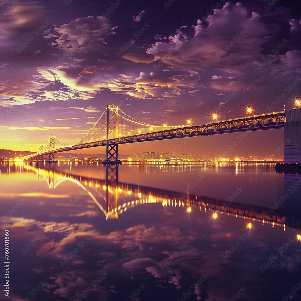 bridges and waterfronts: the elegance of bridges stretched along rivers or coastlines, showcasing reflections and lights creating beautiful scenery 