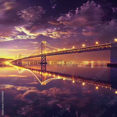 bridges and waterfronts: the elegance of bridges stretched along rivers or coastlines, showcasing reflections and lights creating beautiful scenery 
