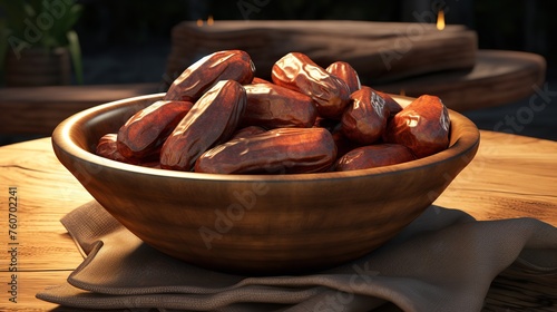 Dates or Dattes Palm Fruit in Wooden Bowl