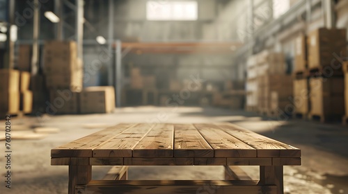 Vintage wooden pallet in an old warehouse space. rustic industrial setting with sunlight beaming through. perfect for background or design projects. AI