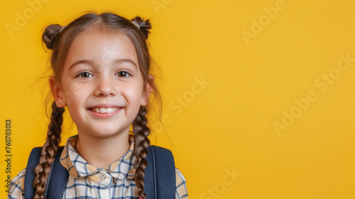 A schoolgirl girl with a backpack behind her back stands against bright background with copyspace for text. Back to school concept