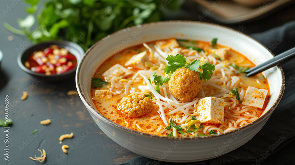A bowl of laksa with rice noodles, chicken, tofu, bean sprouts, and fish balls, in a spicy coconut curry soup, topped with fried shallots and cilantro. A bowl of laksa with rice noodles, chicken, tofu, bean sprouts, and fish balls, in a spicy coconut curry soup, topped with fried shallots and cilantro.