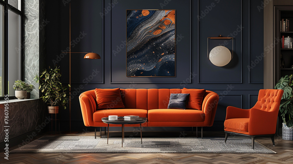 In a contemporary living room, an orange sofa and armchair contrast In a contemporary living room, an orange sofa and armchair contrast