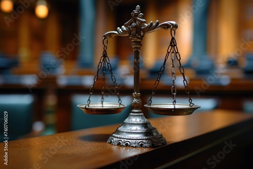 An image of the scales of justice, a symbol of judicial impartiality, set in a courtroom environment