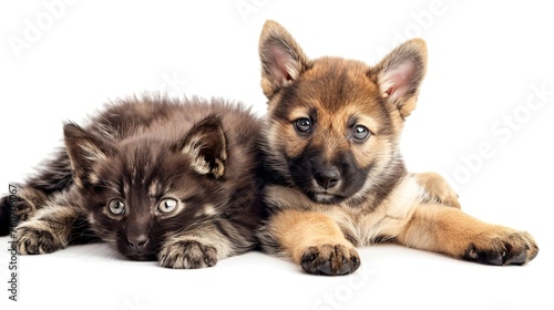 Charming Dog and Cat Puppies Curiously Posed Against White