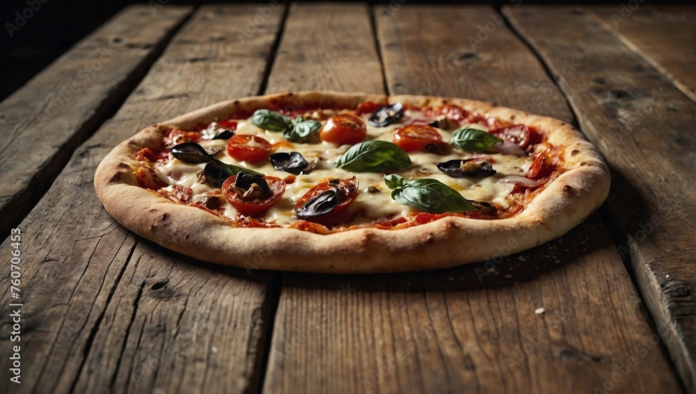 Freshly baked italian pizza with tomatoes and olives on wooden table close up view