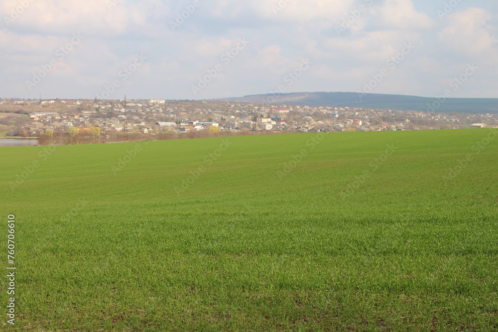 A grassy field with a city in the background