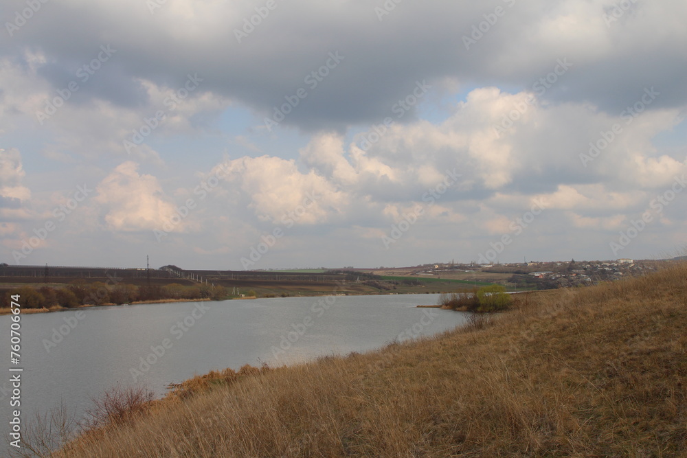 A body of water with grass and a cloudy sky