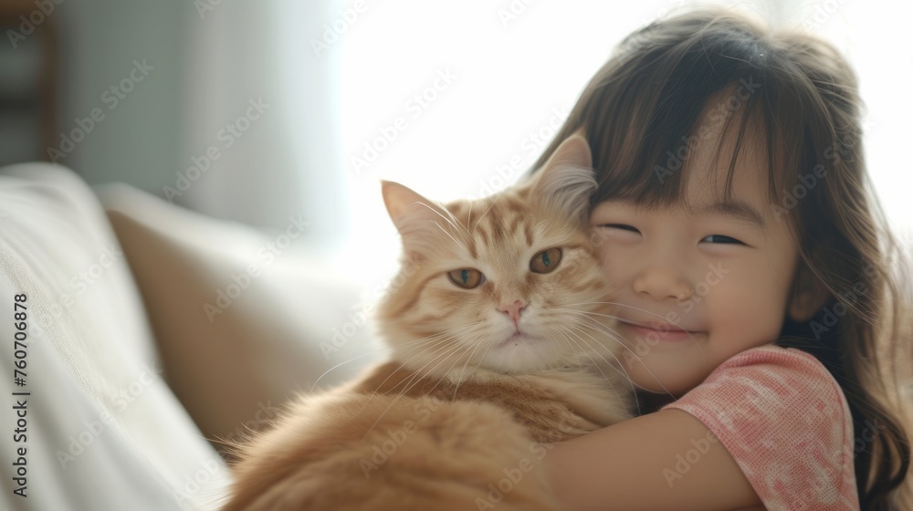 Little happy girl tenderly hugs her cat tightly in a bright spacious living room. Friendship concept between humans and animals Little happy girl tenderly hugs her cat tightly in a bright spacious living room. Friendship concept between humans and animals