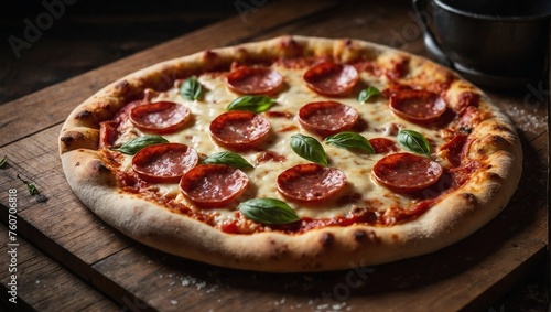 Freshly baked italian pizza with pepperoni on wooden table close up view