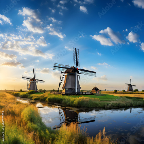 Traditional Dutch Windmills Lining the Vast Green Fields at Majestic Sunset © Mike