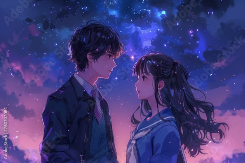 A cute anime couple, Boy and a girl in a school uniform standing under a starry sky, purple clouds.
