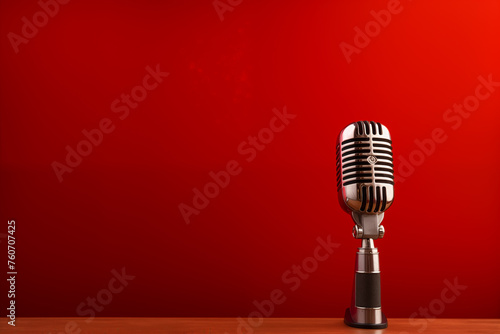 Retro style microphone on table in front red wall background