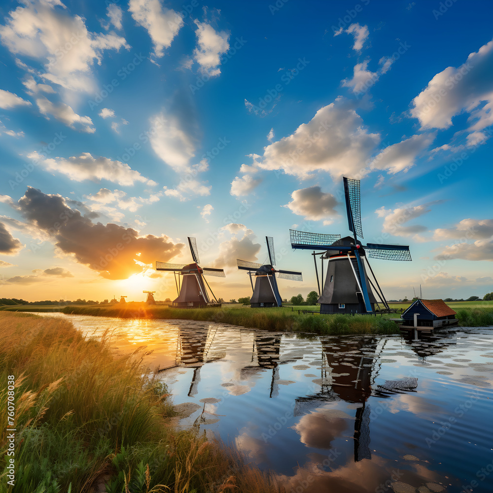 Traditional Dutch Windmills Lining the Vast Green Fields at Majestic Sunset
