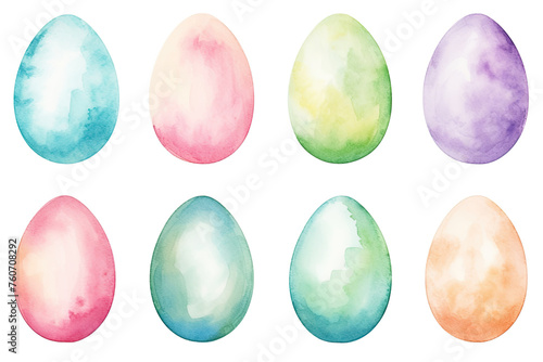A collection of Easter eggs painted in soft watercolor pastels, offering a fresh, springtime vibe for seasonal projects and decor. Easter decorations. For digital products as emojis, stickers.