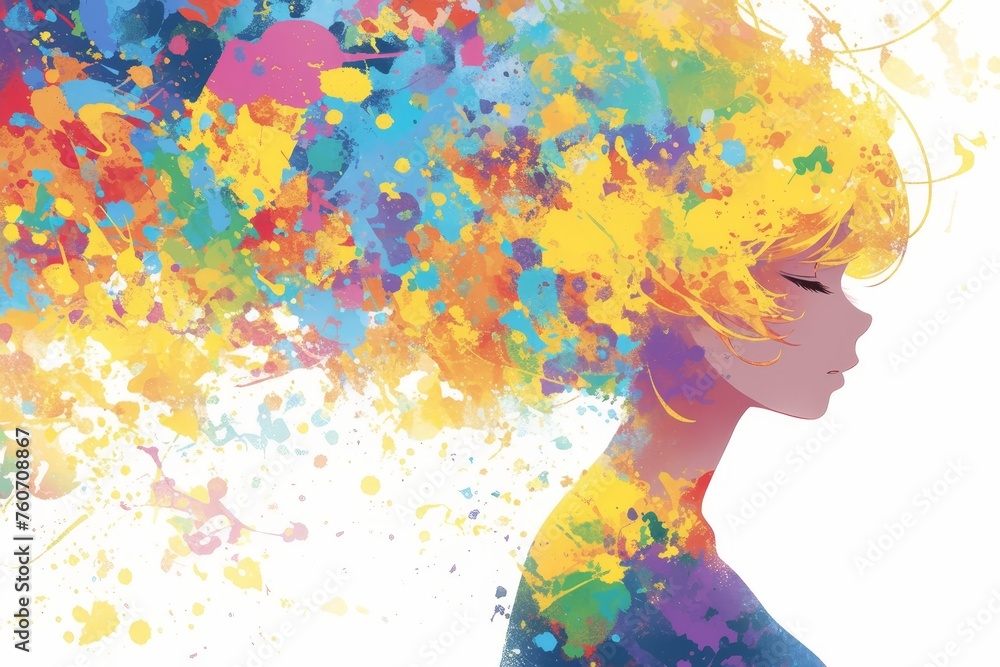 Woman with vibrant splashes of color representing the creative process