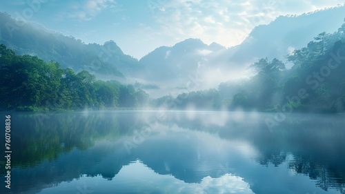 Early morning mist hovers over a calm mountain lake © PRI
