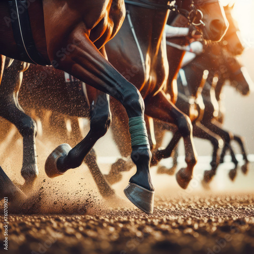 close up photo of the legs of horses at the races. ai generative
