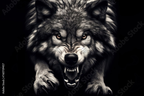 Closeup of wolf ready to attack roar angry isolated on solid black background. ai generative