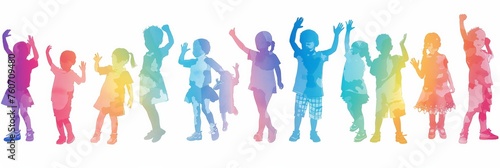 Cheerful crowd of children. Silhouettes of saluting, applauding, thumb up. Happy boys and girls in full growth.