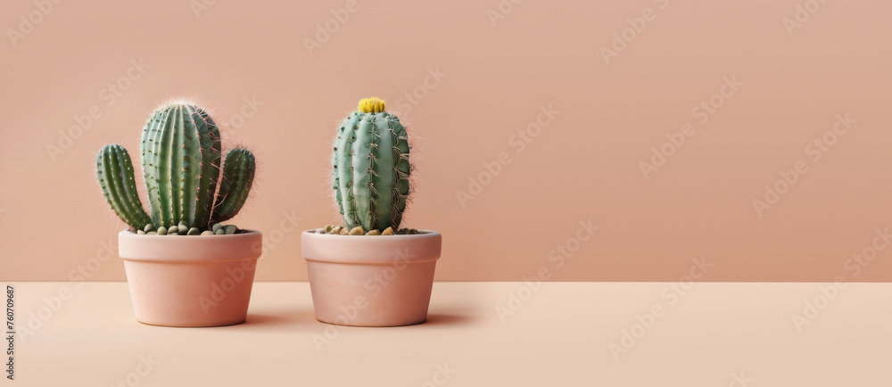 Fototapeta premium Minimalism interior design with cactus. Banner with space for text