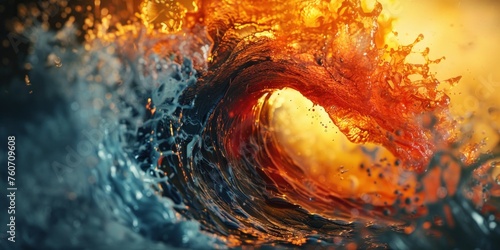 A fiery surge clashes with a powerful wave, creating a dynamic scene of elemental forces in conflict.