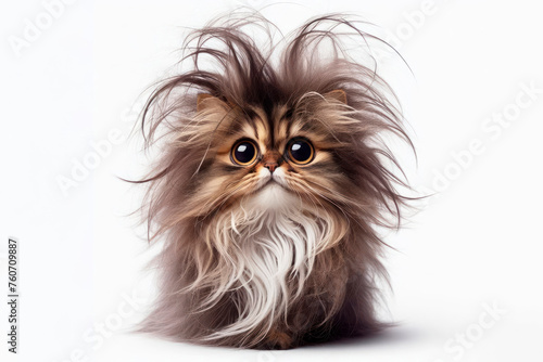 hairy cat with developing hair funny expression isolated on solid white background. ai generative