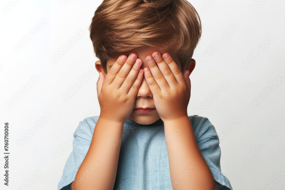 little boy closes his eyes and covers with both hands isolated on white solid background. ai generative little boy closes his eyes and covers with both hands isolated on white solid background. ai generative