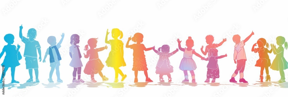 Cheerful crowd of children. Silhouettes of saluting, applauding, thumb up. Happy boys and girls in full growth. Cheerful crowd of children. Silhouettes of saluting, applauding, thumb up. Happy boys and girls in full growth.