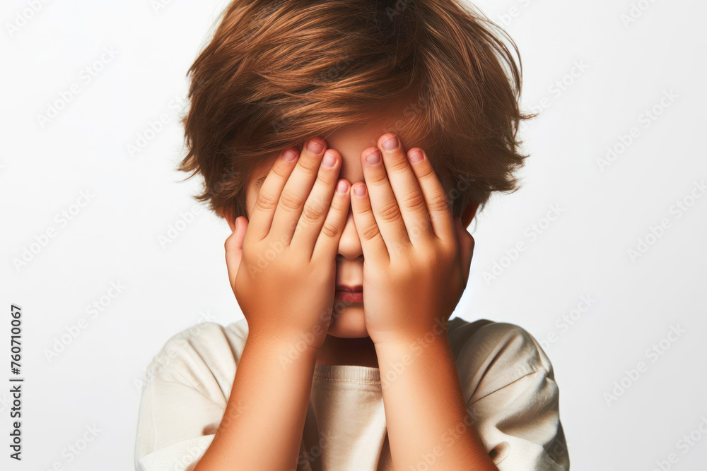 little boy closes his eyes and covers with both hands isolated on white solid background. ai generative little boy closes his eyes and covers with both hands isolated on white solid background. ai generative