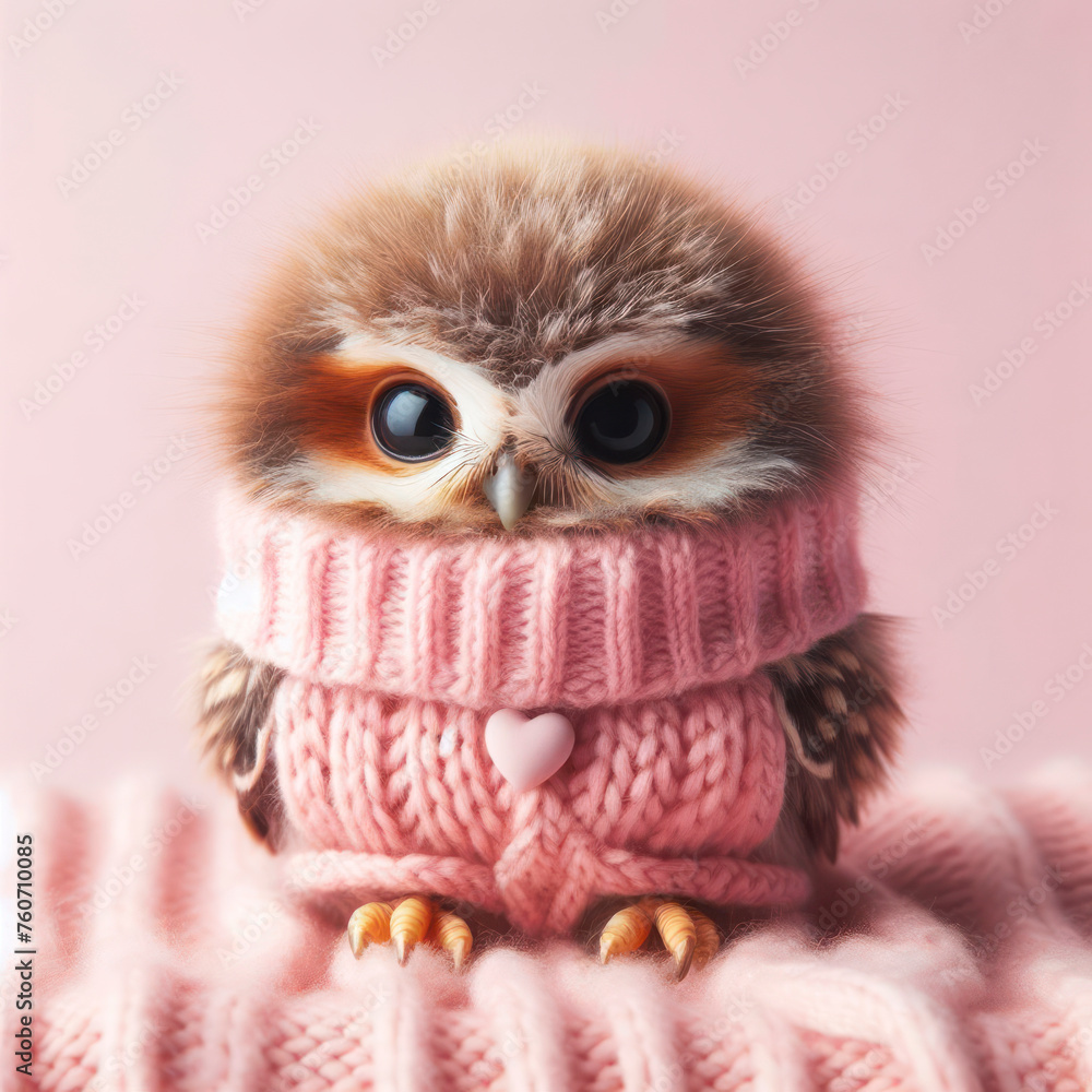 little baby owl in warm winter clothes, symbol of love, pastel pink contrast background. ai generative