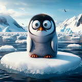Penguin with a frightened expression and bulging eyes on an ice floe in the middle of the ocean. ai generative