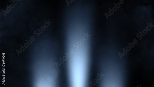Spotlight on isolated background . Divine blue light through a dark fog. The rays beam light on the floor. Stock illustration.
