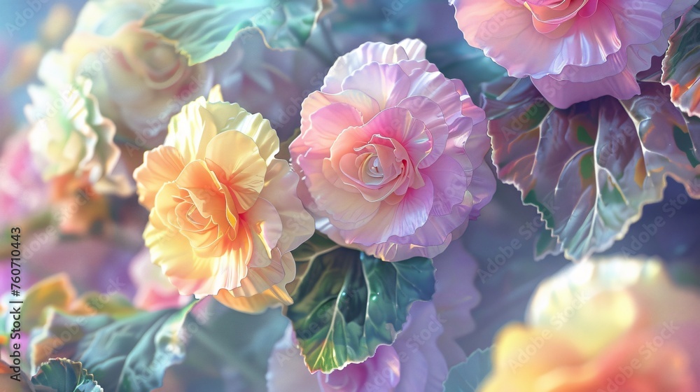 Watercolor begonia art showcasing the diverse beauty of these blooms through a kaleidoscope of color